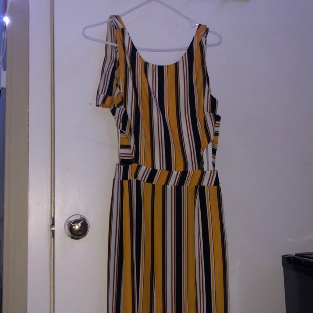 jumpsuit yellow white black and red stripes